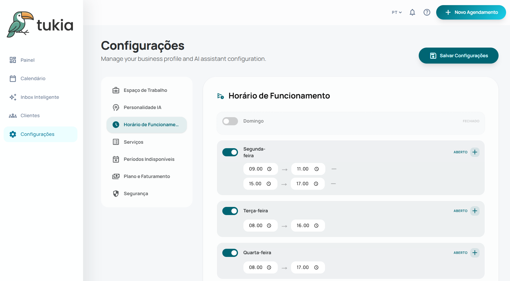 Configuração de horários de funcionamento por dia da semana, com múltiplos blocos de horário