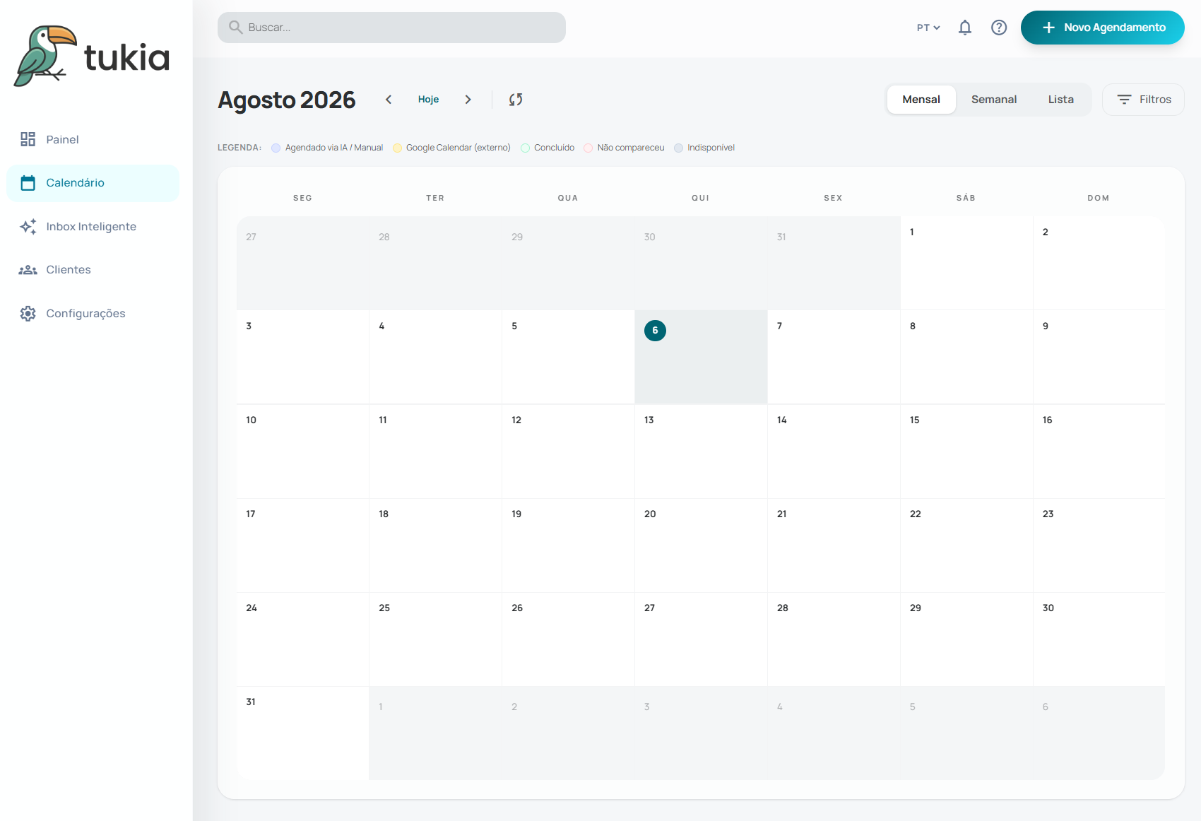 Calendário mensal da Tukia com legenda de status dos agendamentos