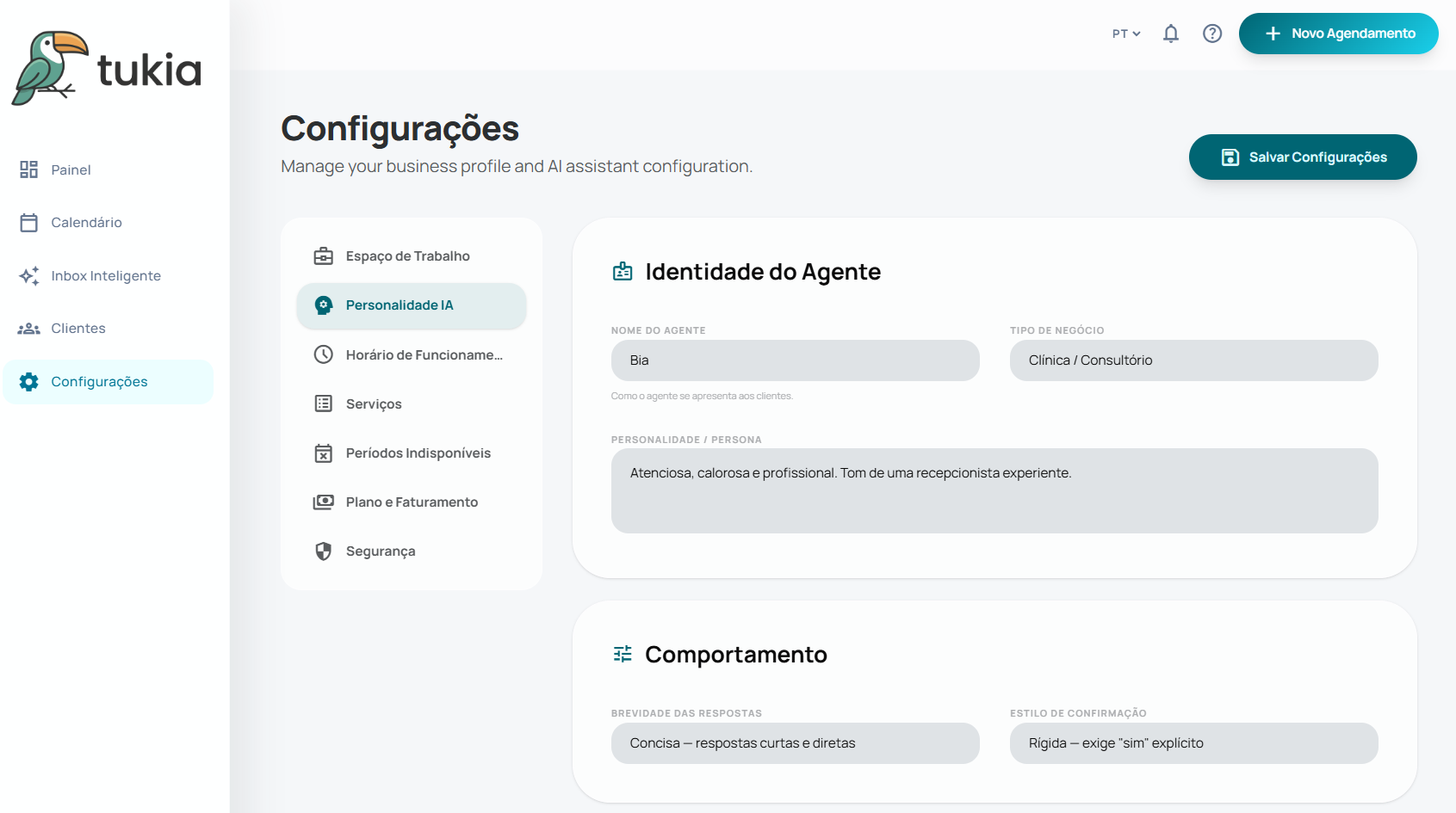 Tela de configuração da personalidade da IA, com nome do agente, tipo de negócio, persona e regras de comportamento