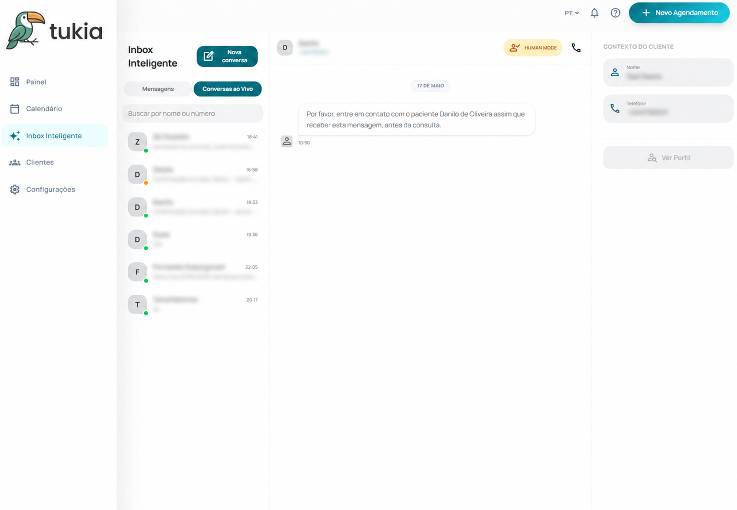 Inbox Inteligente com lista de conversas, histórico da conversa e contexto do cliente